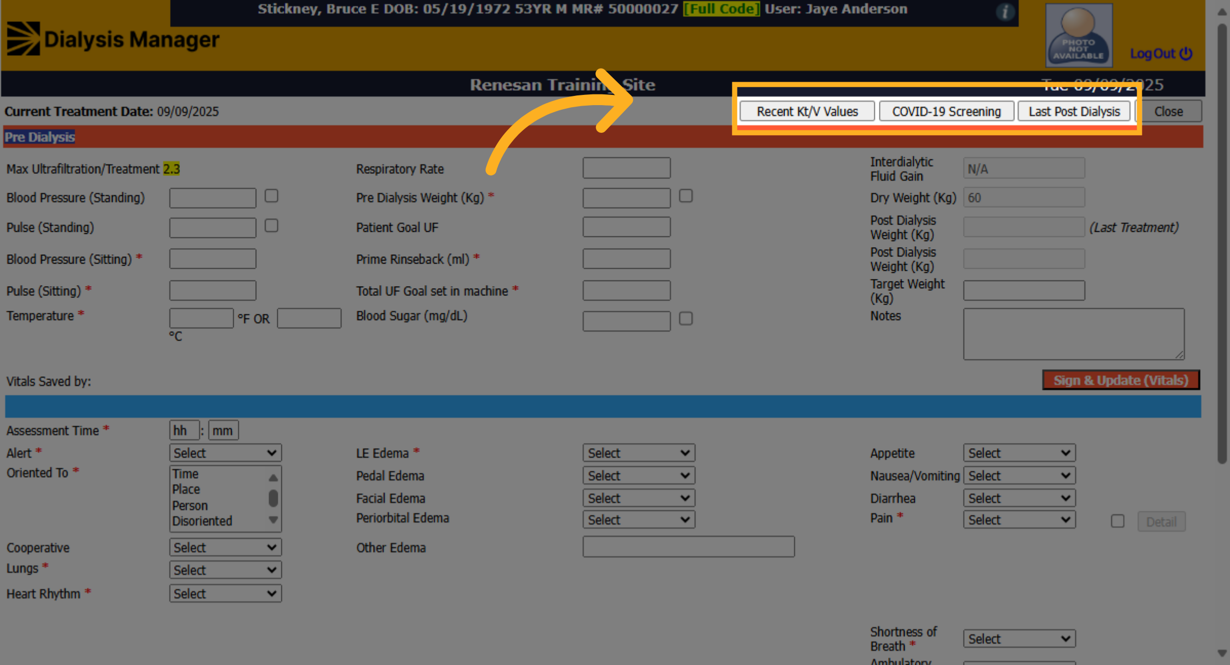 Click 'Pre Dialysis'