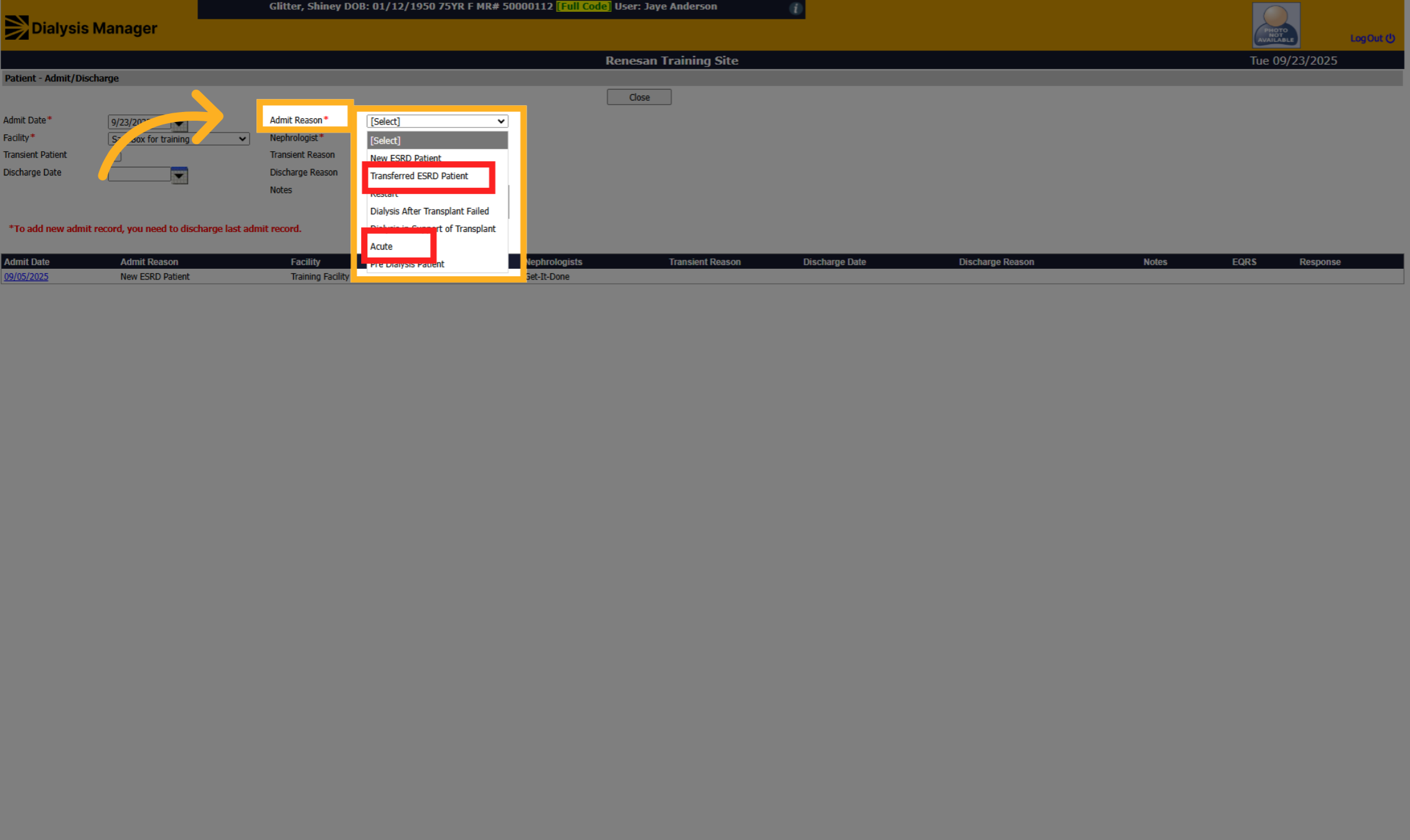 Select the Admit Reason