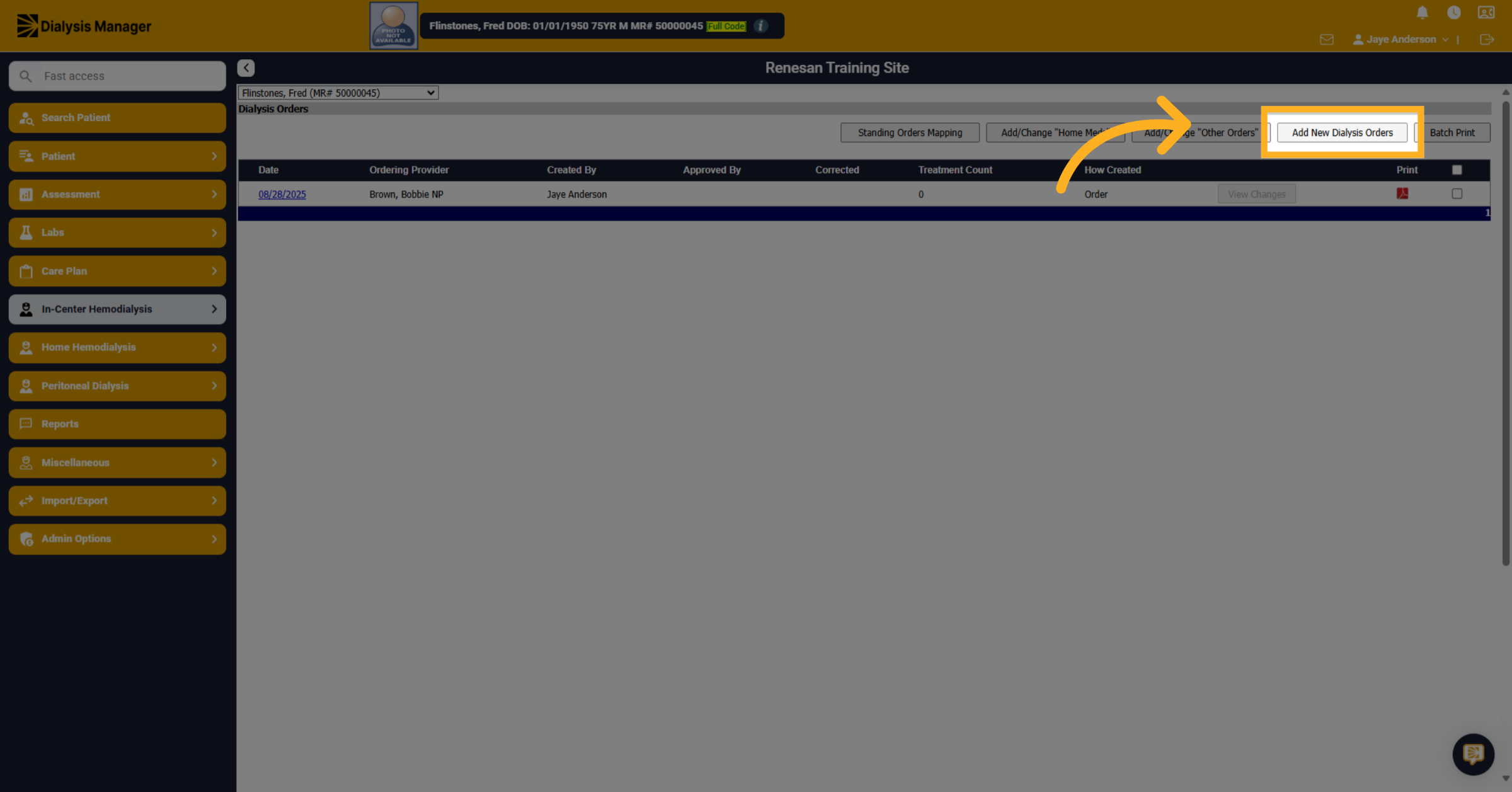 Click 'Add New Dialysis Orders'