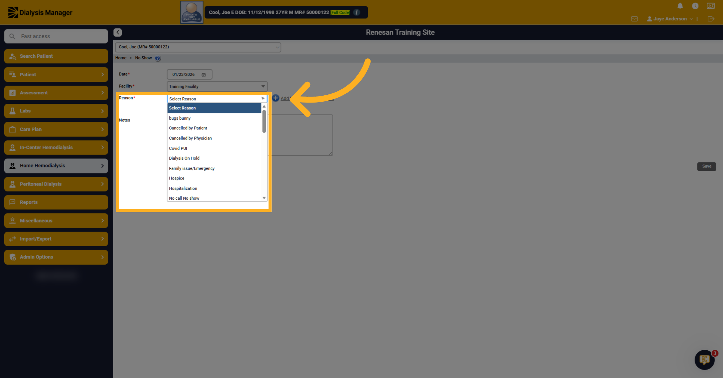 Open No Show Reason Selection