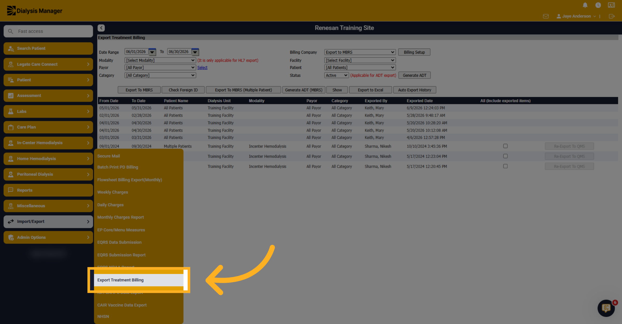 Open Export Treatment Billing