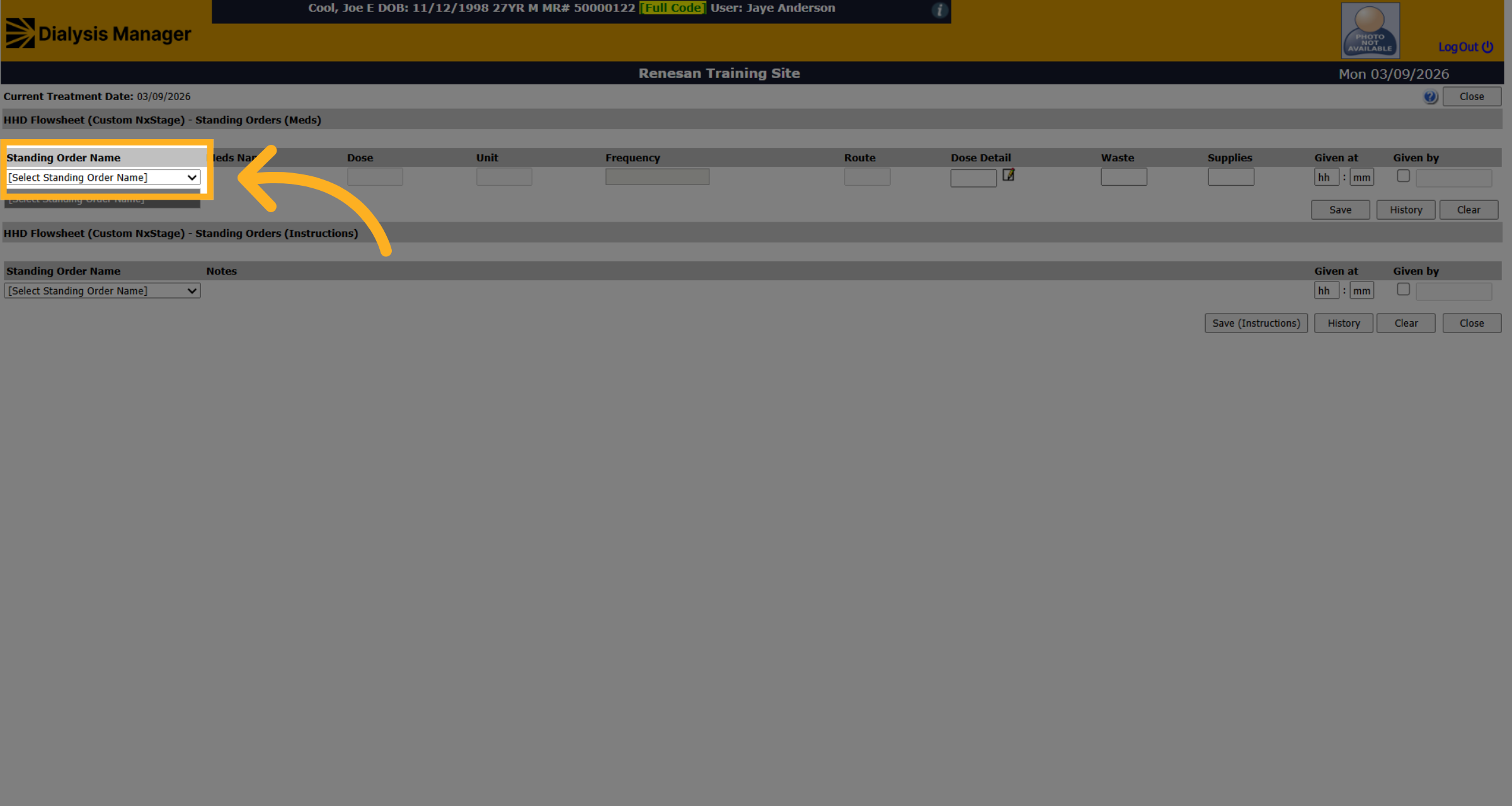 Select Standing Order Name