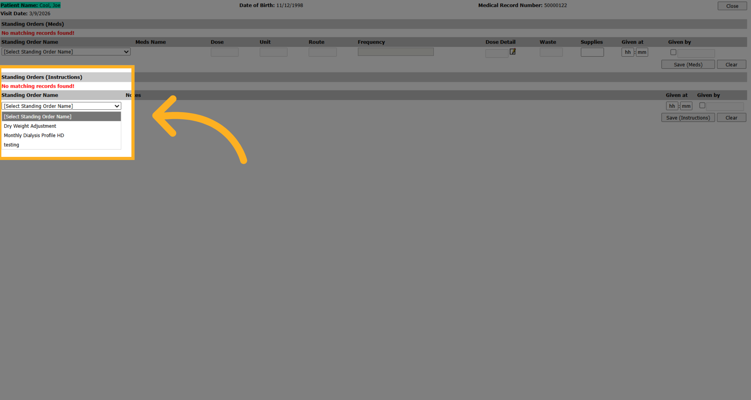 Select Standing Order Option