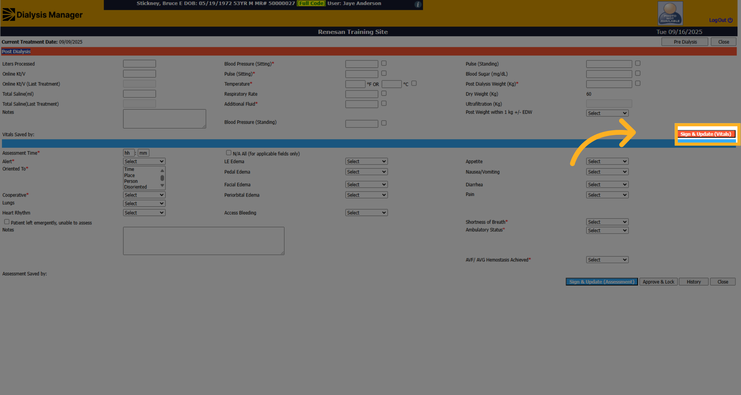 Click 'Sign & Update (Vitals)'