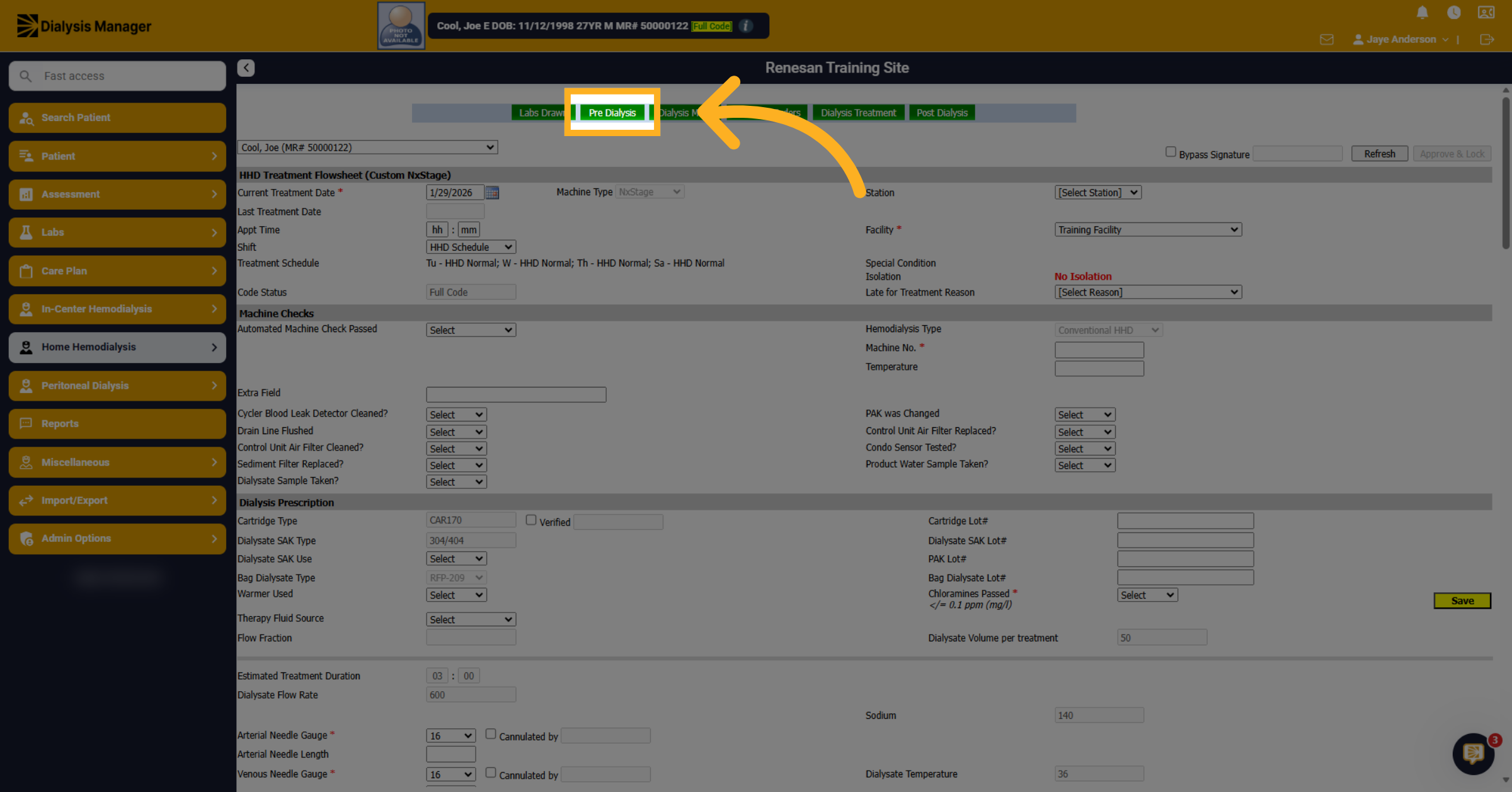 Access Pre Dialysis Tab