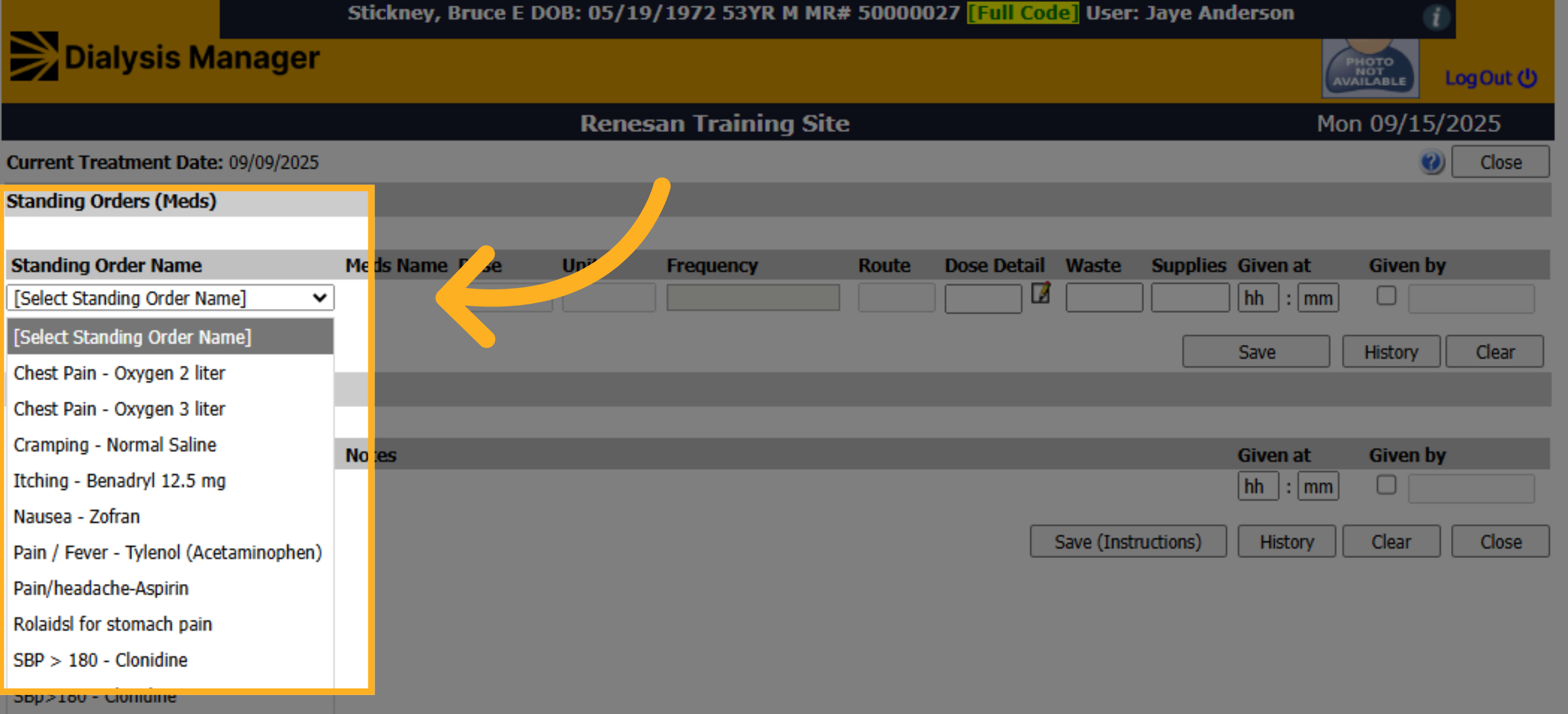 Select Standing Order Name