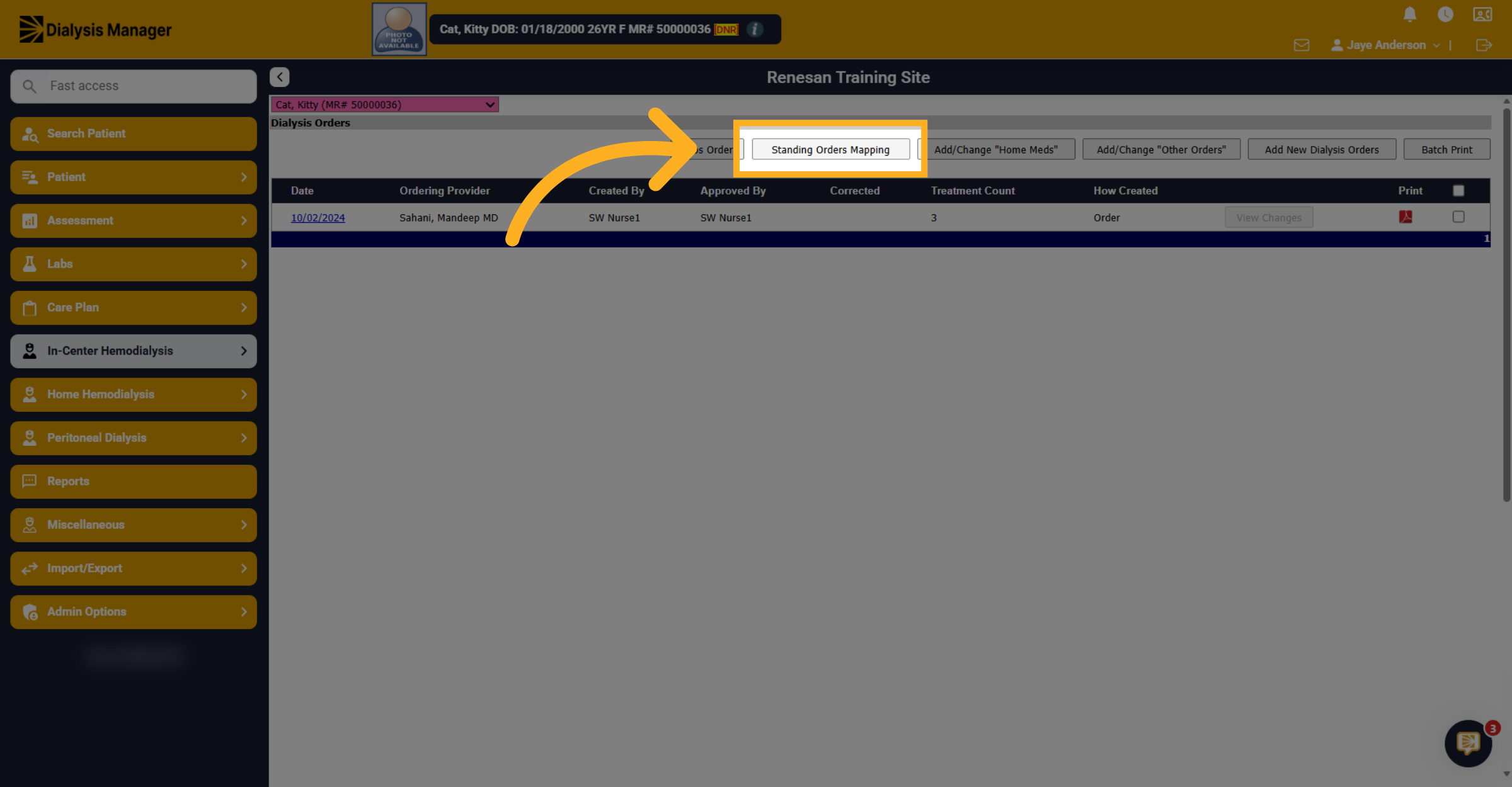 Navigate to Standing Orders Mapping