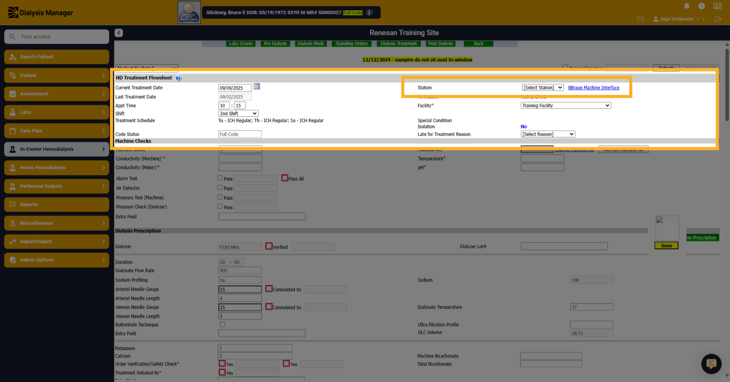 Click 'HD Treatment Flowsheet'