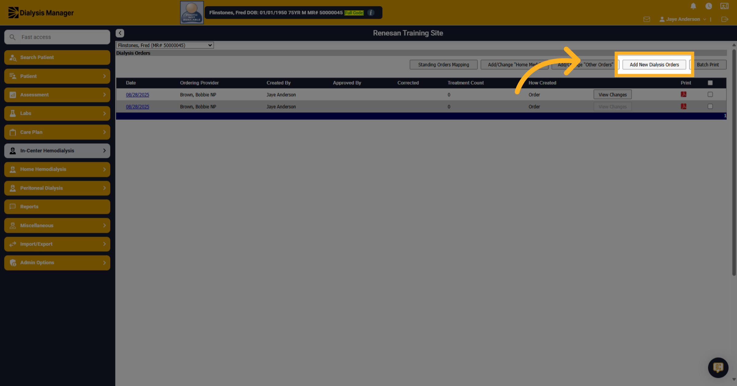 Click 'Add New Dialysis Orders'