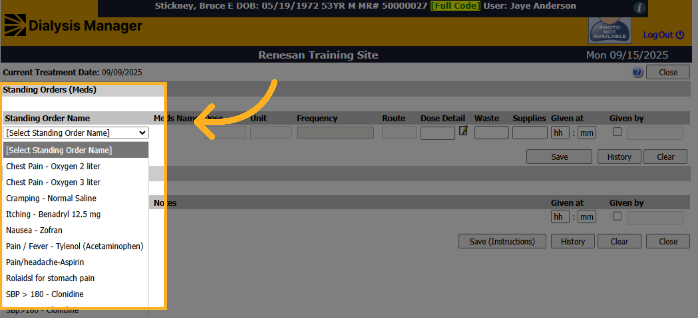 Select Standing Order Name