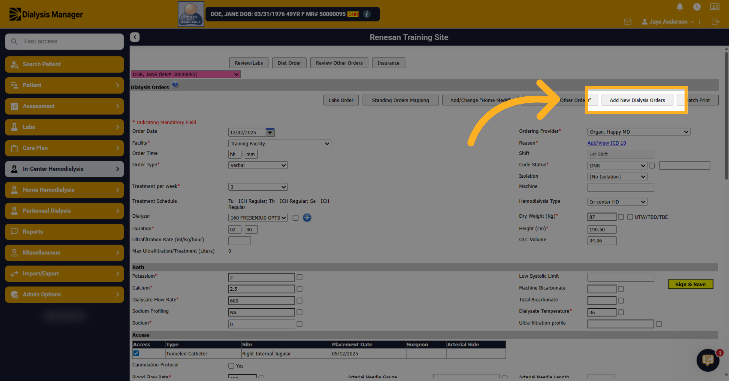 Click Add New Dialysis Order