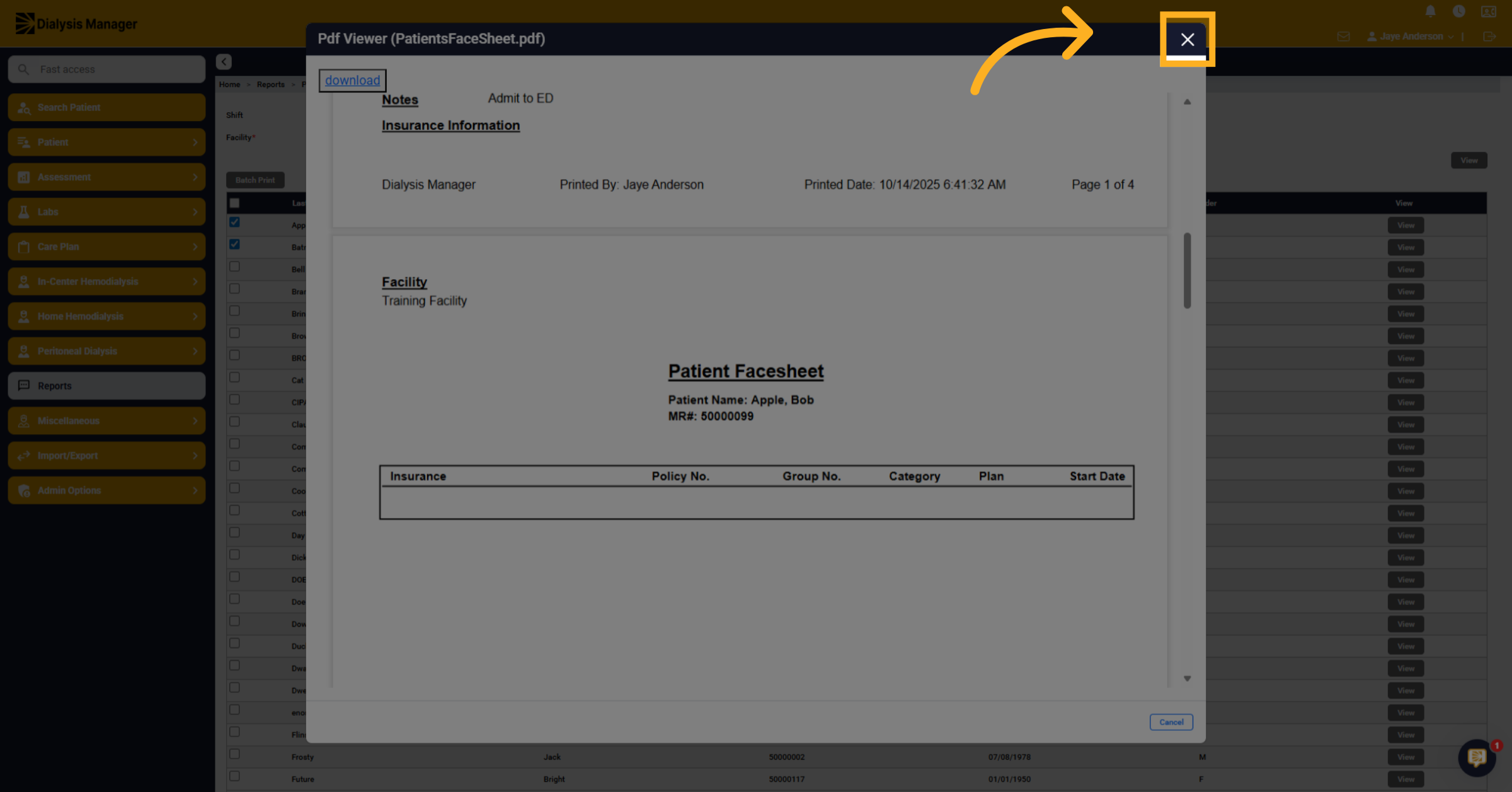 Close Face Sheet View