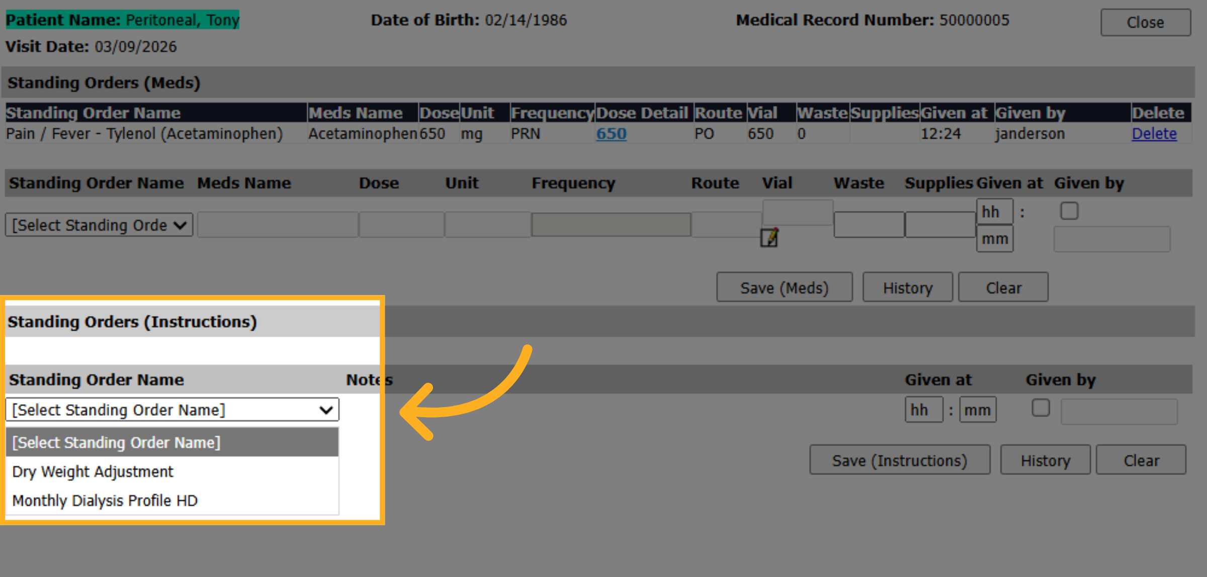 Select Standing Order Name