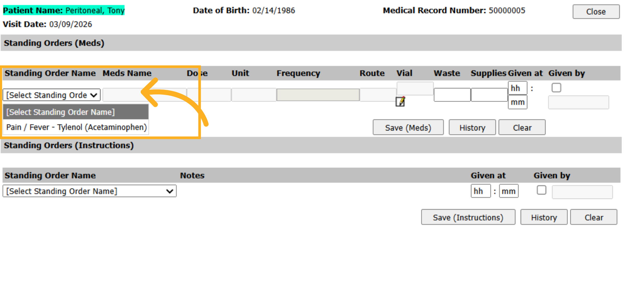 Select Standing Order Name