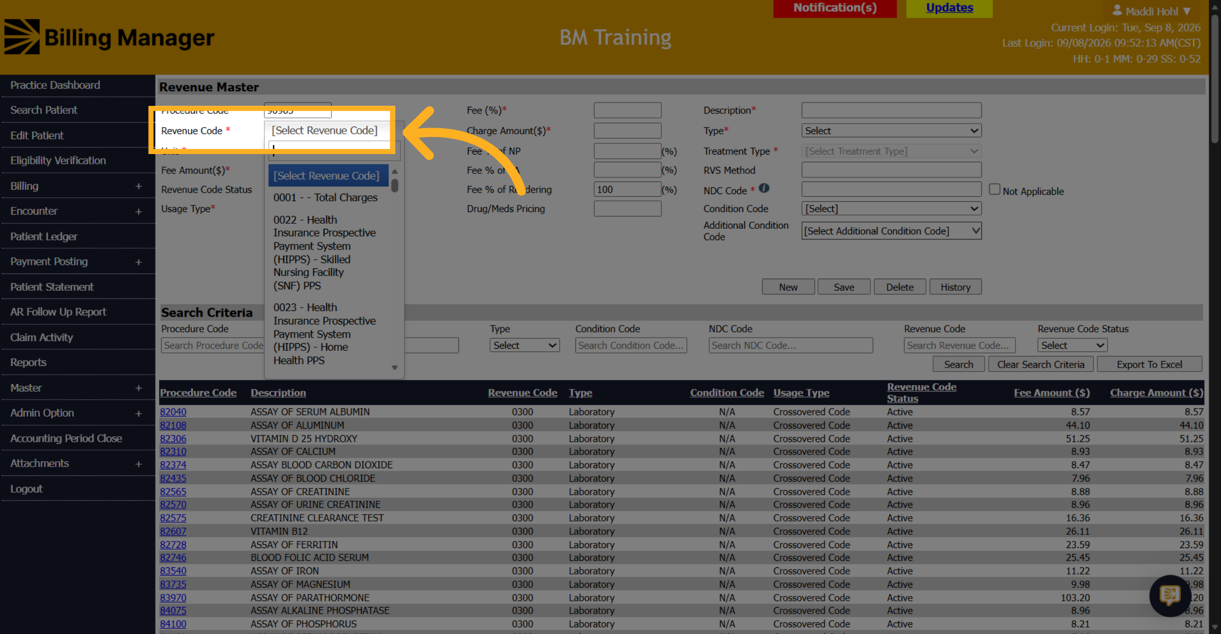 Select Revenue Code