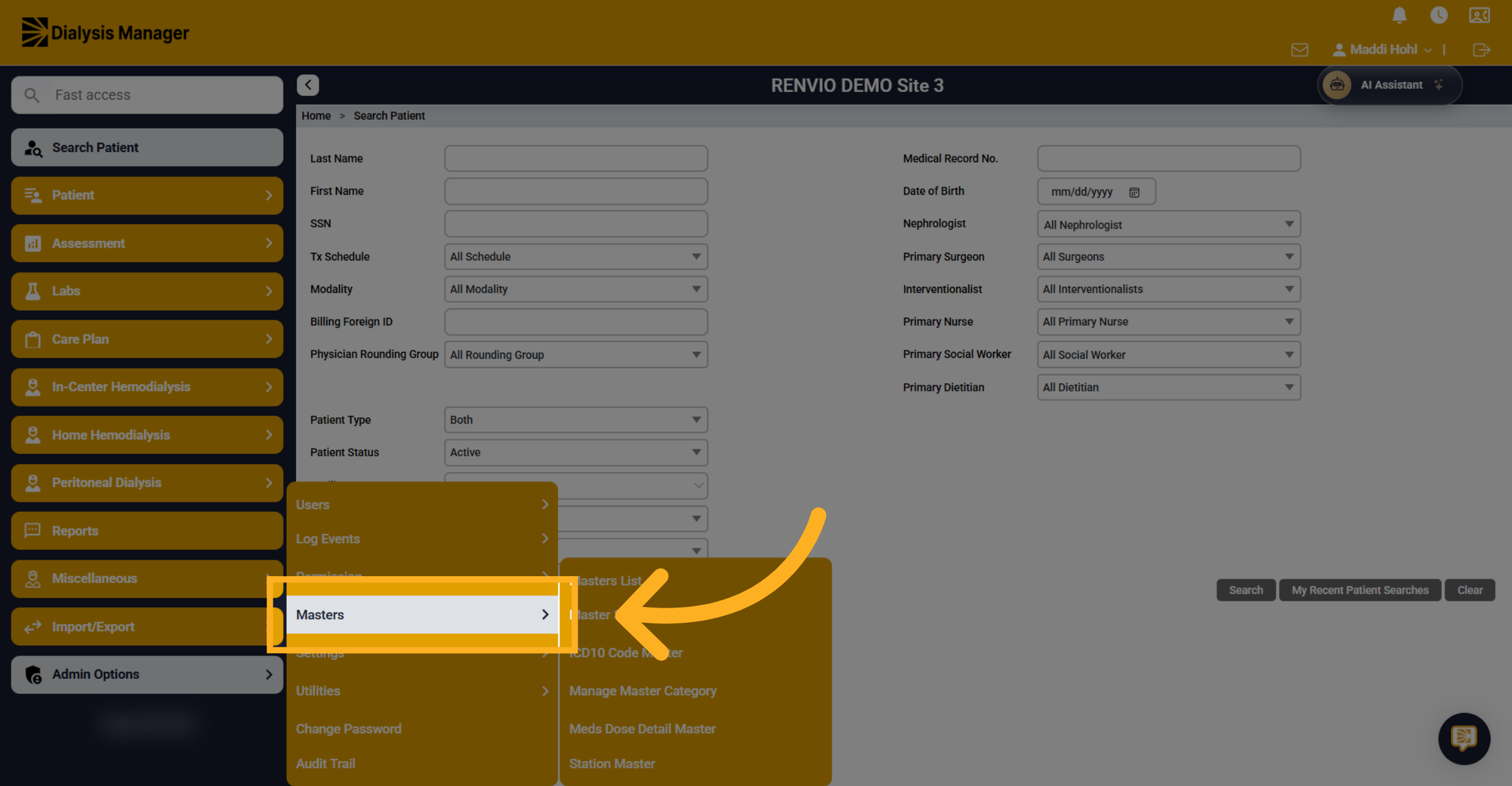 Navigate to Masters Section