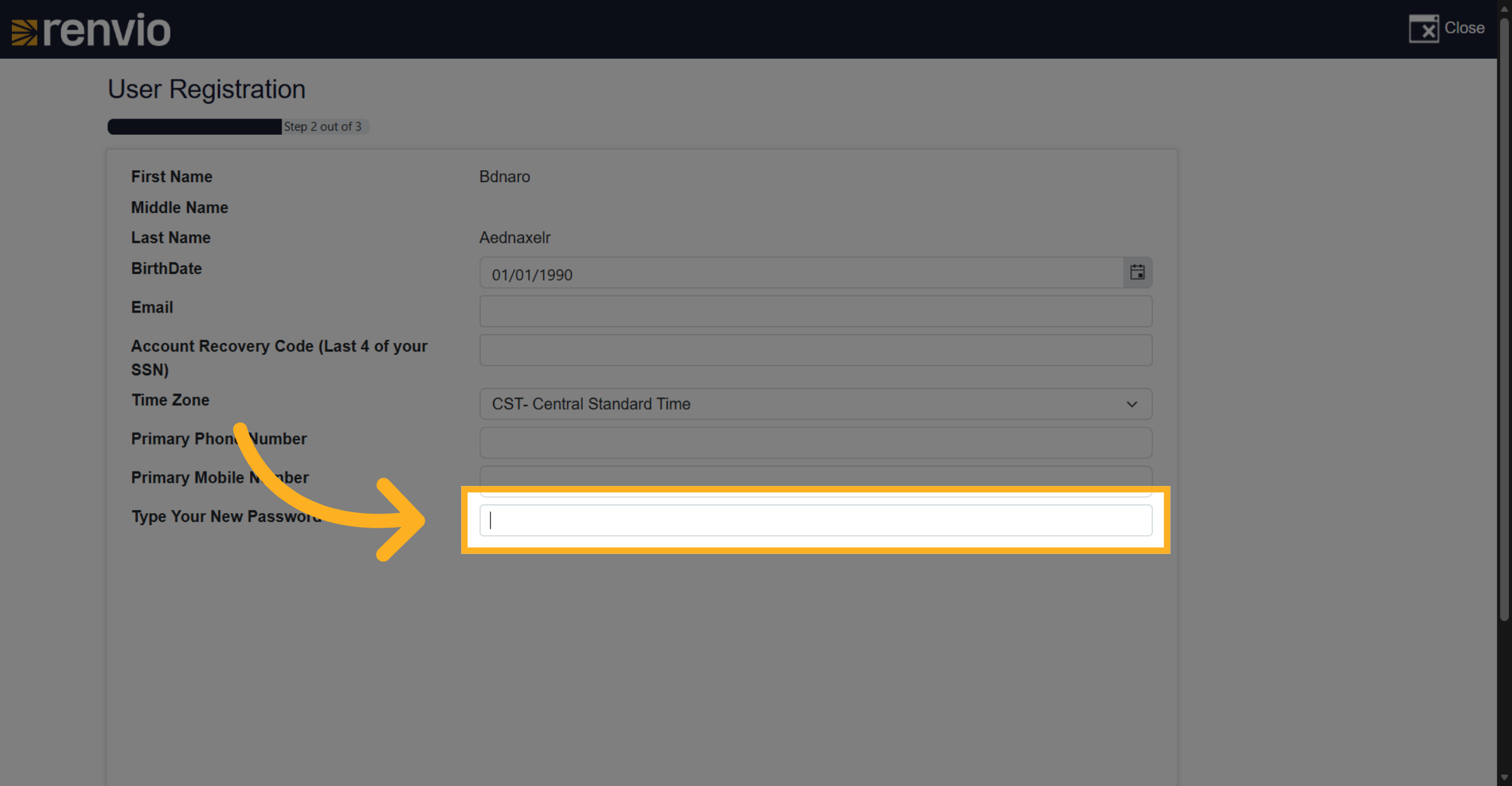 Select New Password Field