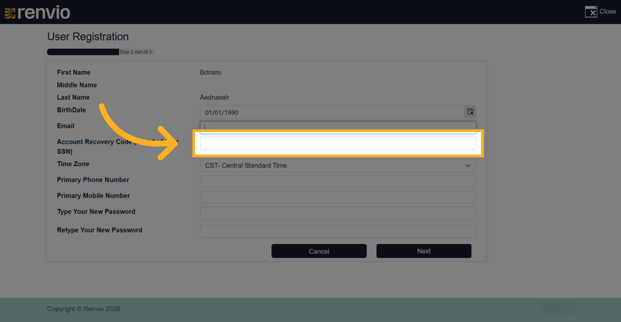 Select Account Recovery Code Field