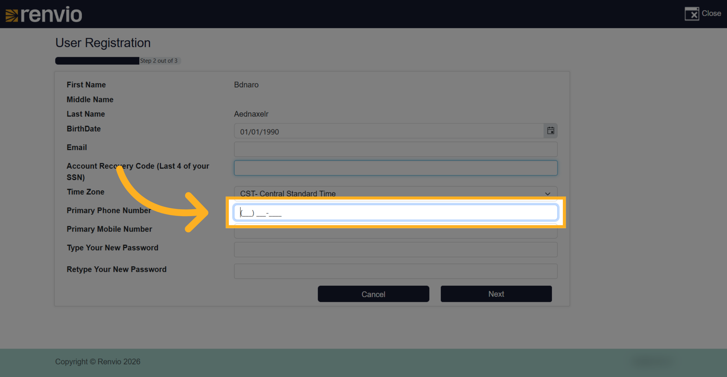 Select Primary Phone Number Field