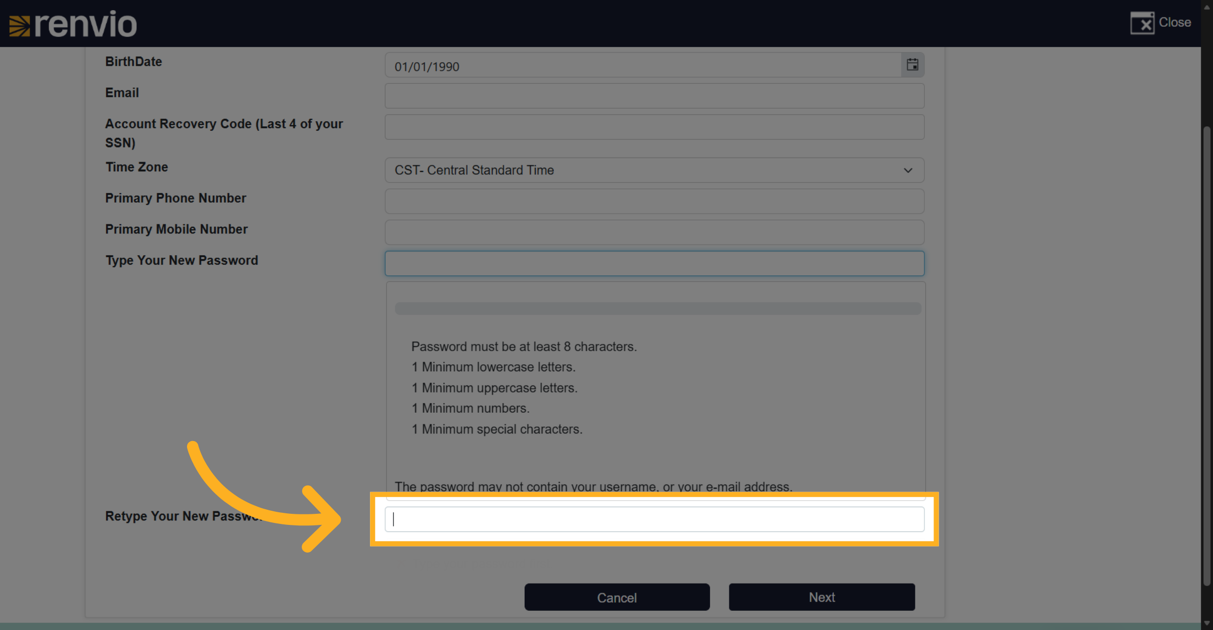 Select Retype Password Field