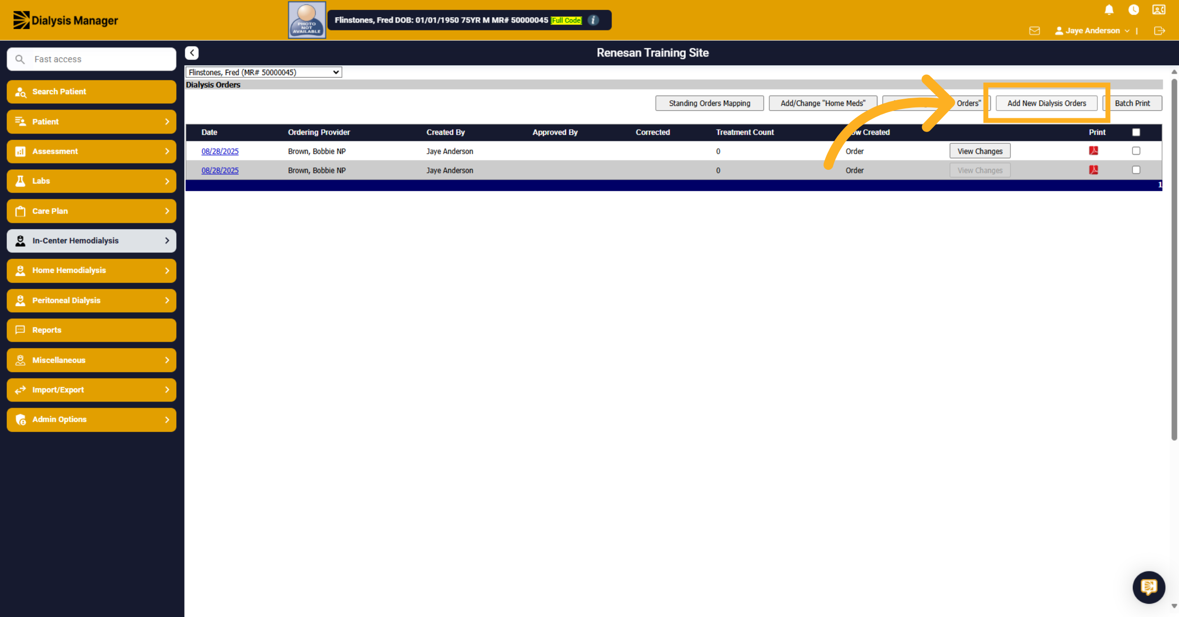 Click 'Add New Dialysis Orders'