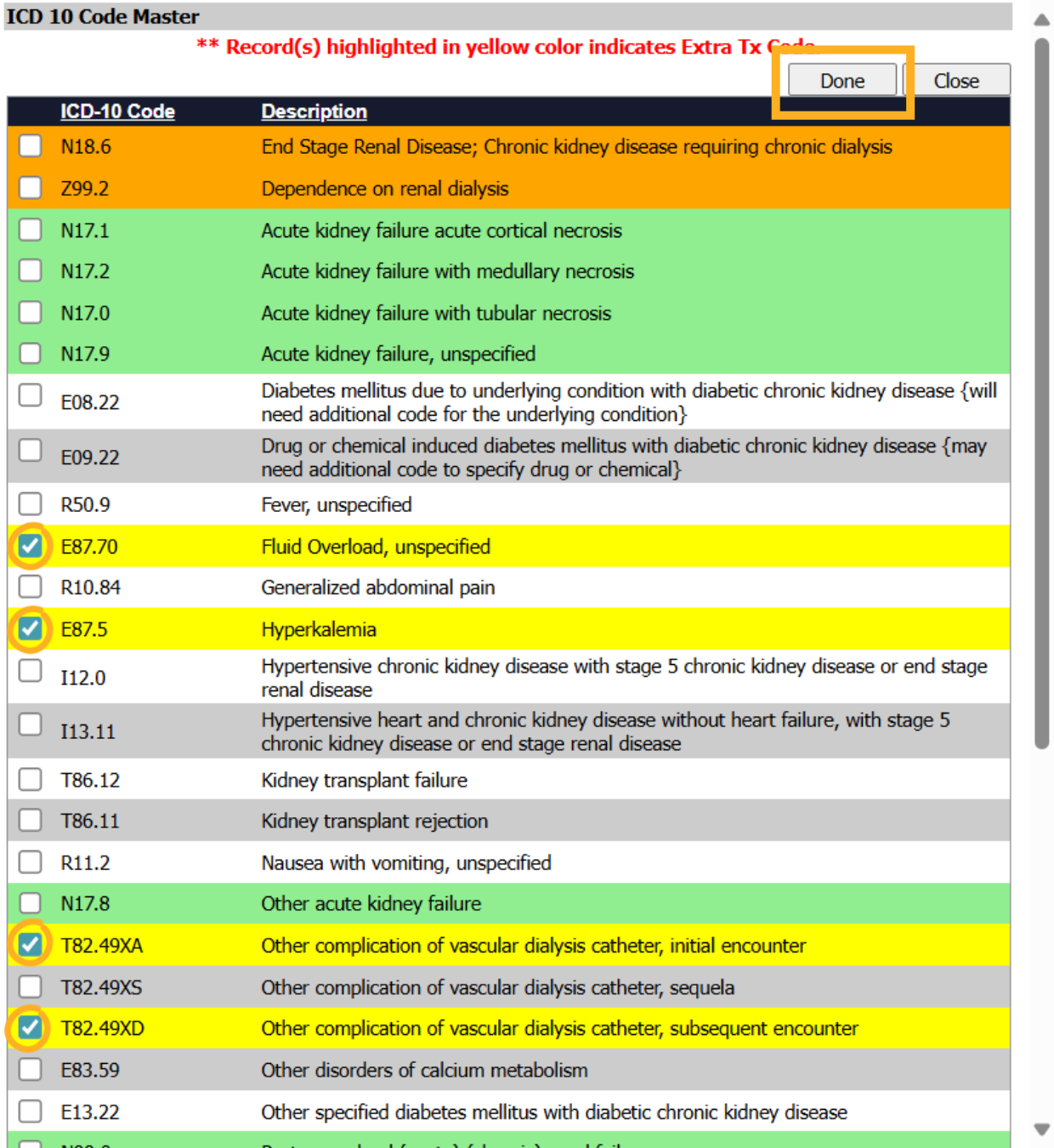 Select Extra Treatment ICD 10 codes