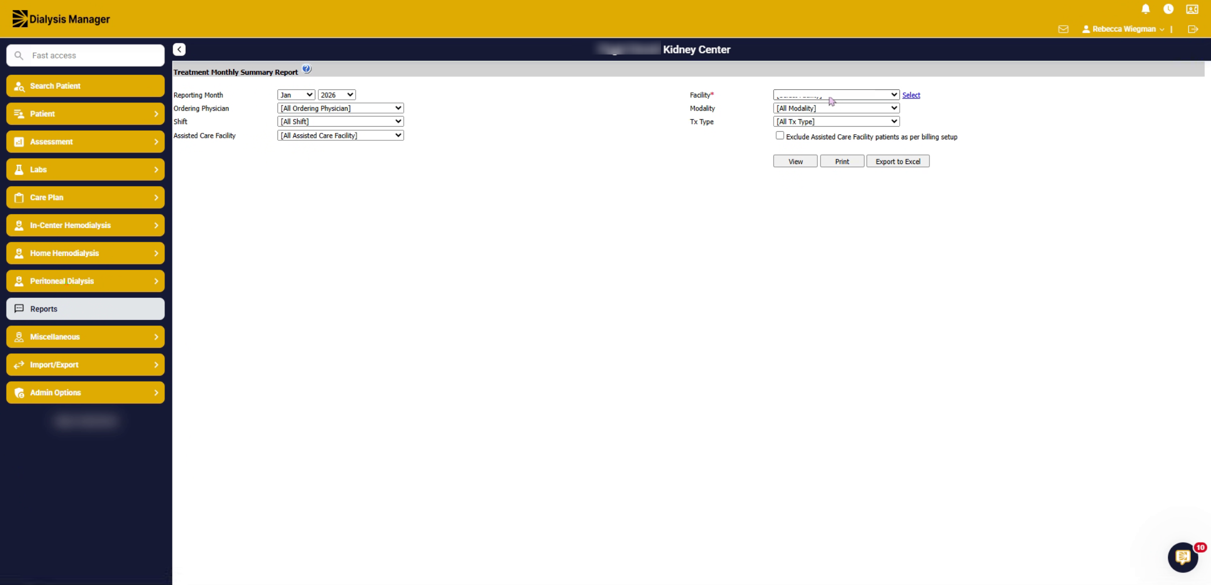 Treatment Monthly Summary Report Filters
