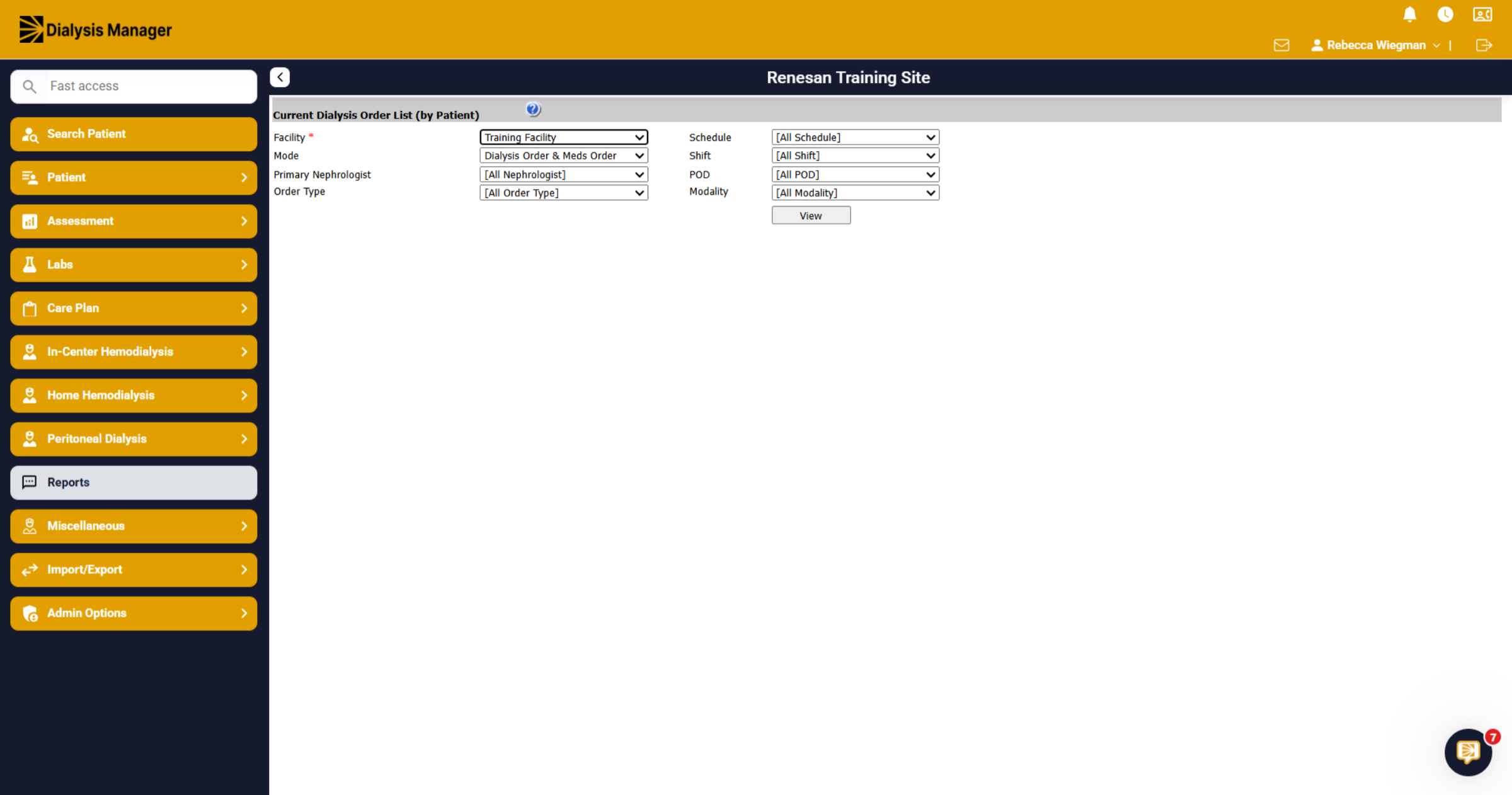 Current Dialysis Order List (By Patient) Filters