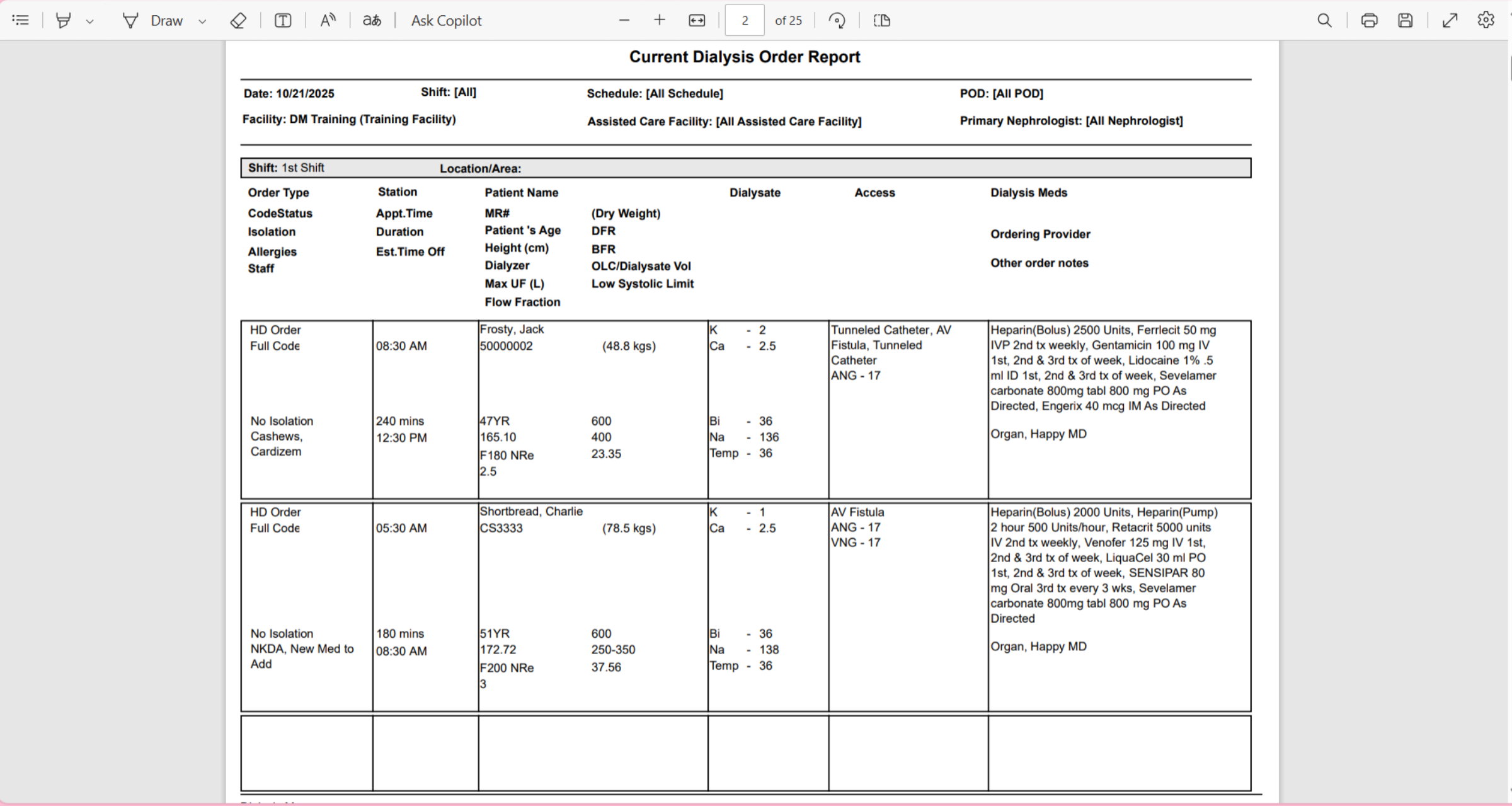 Current Dialysis Order Report