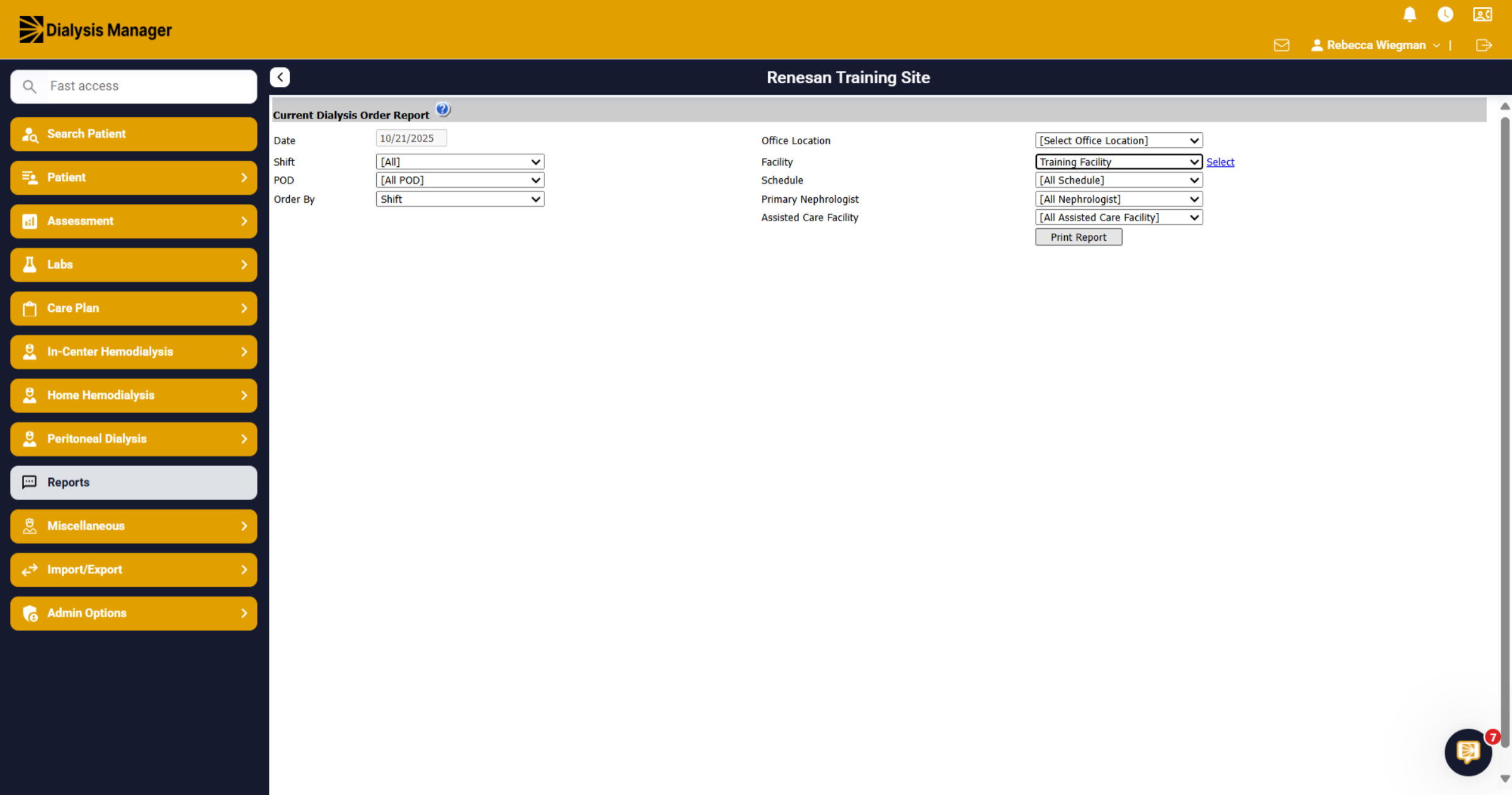 Current Dialysis Order Report Filters