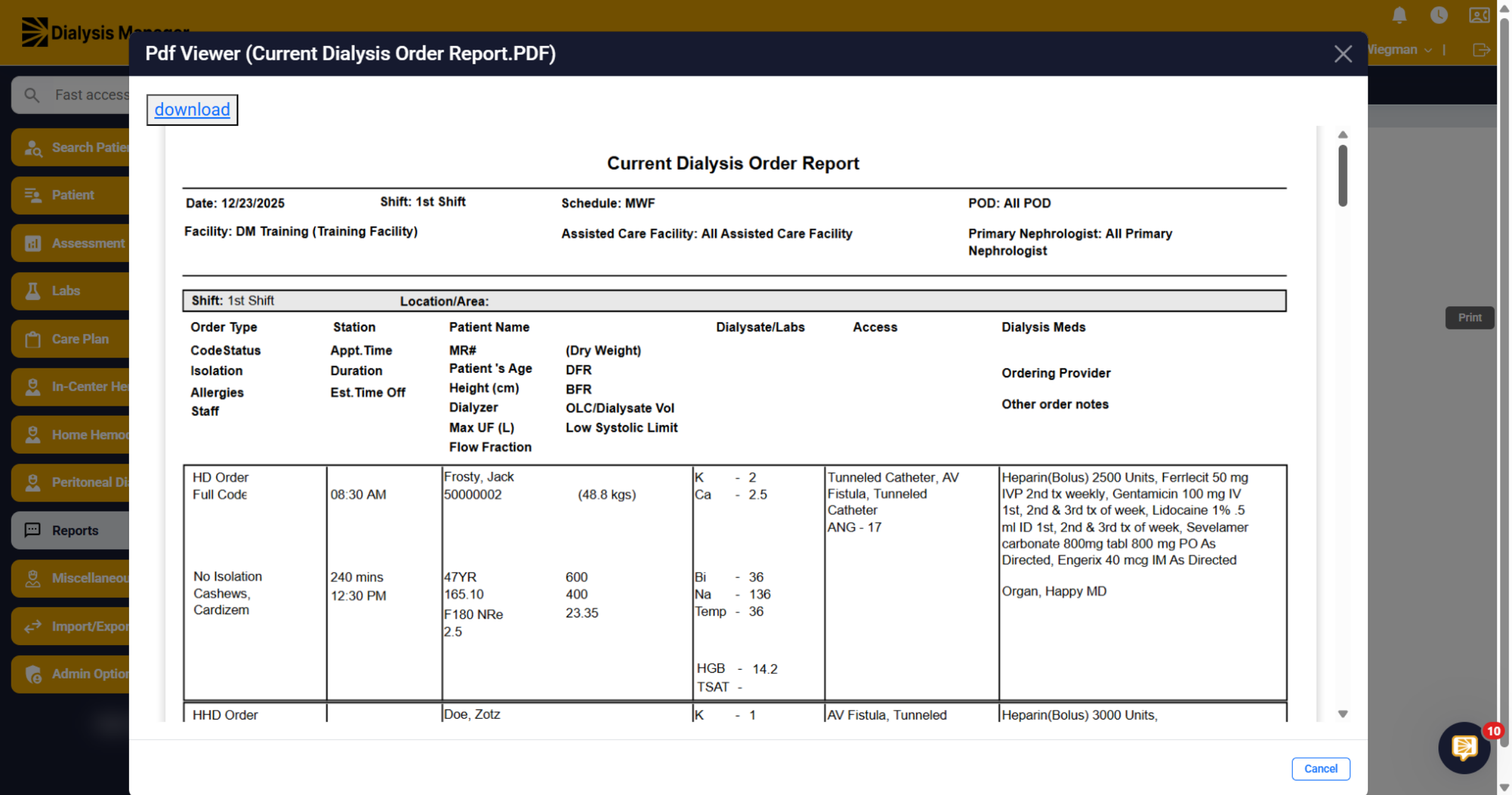 Current Dialysis Order Report