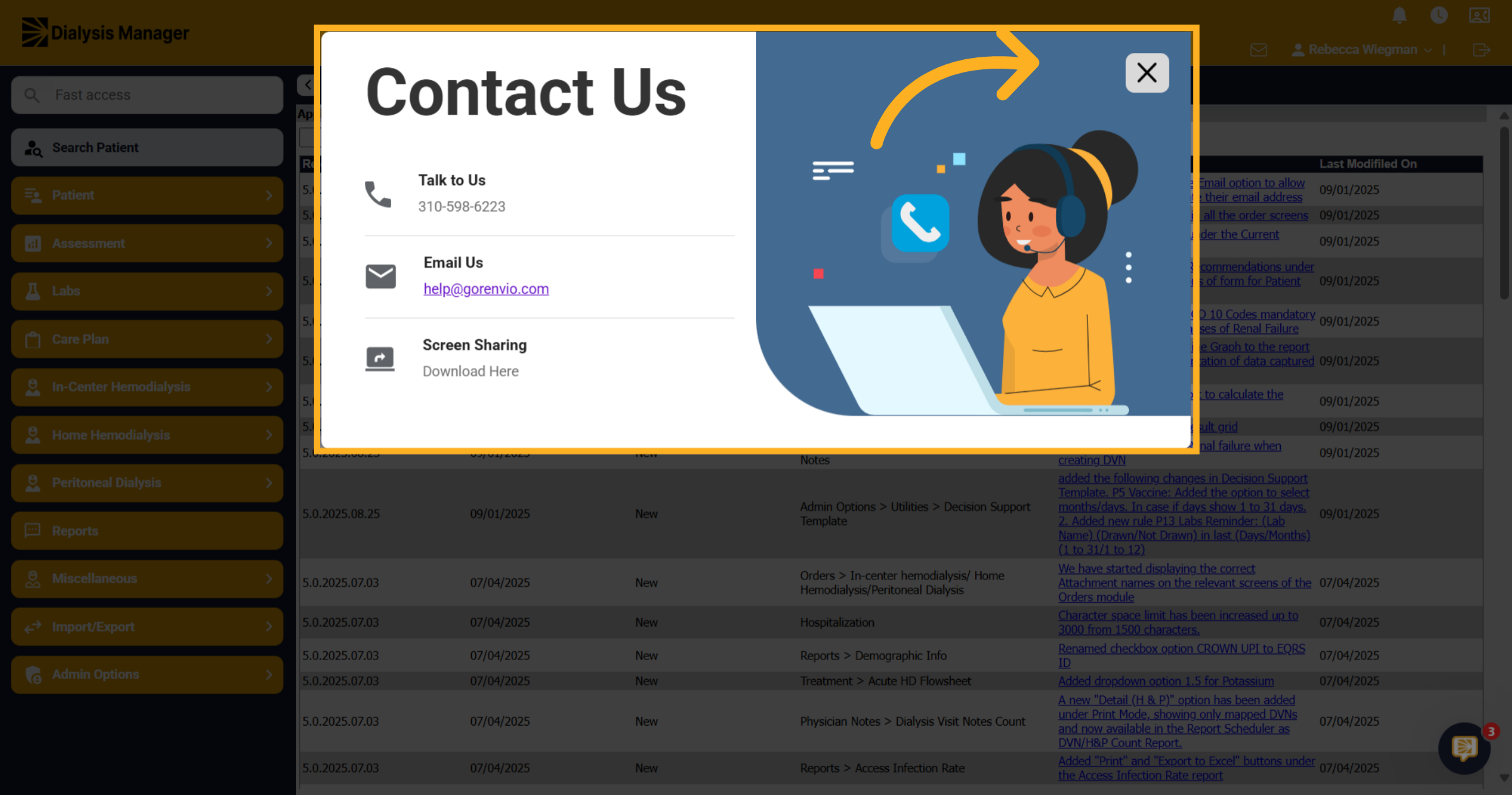 Contact us screen