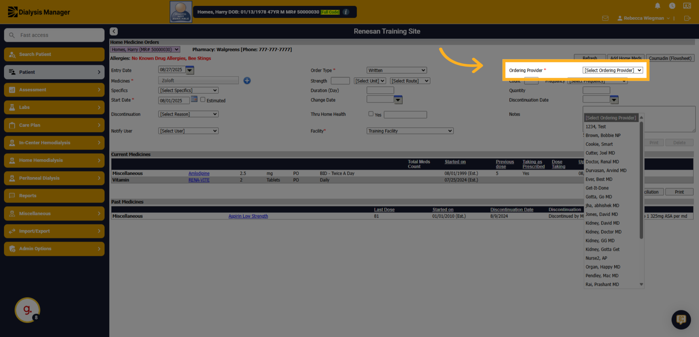 Select the ordering Provider