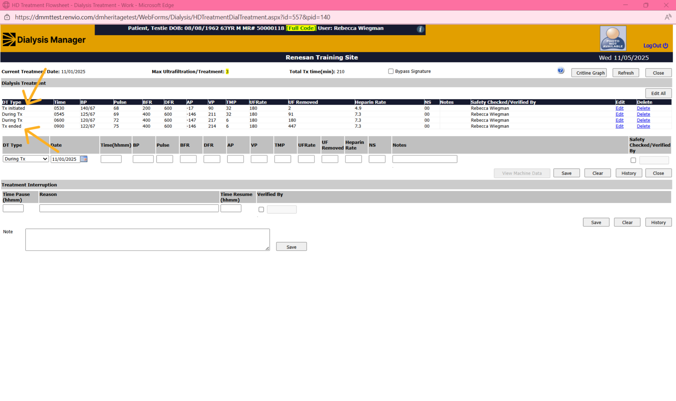 Dialysis Treatment tab