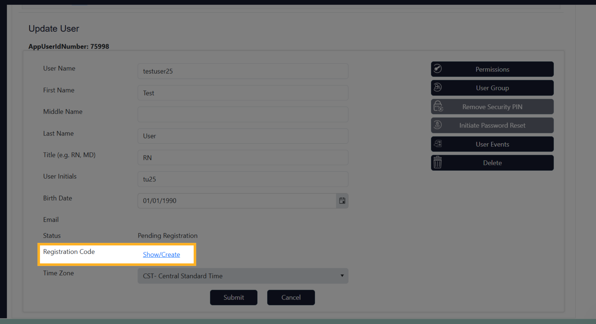 Show Registration Code