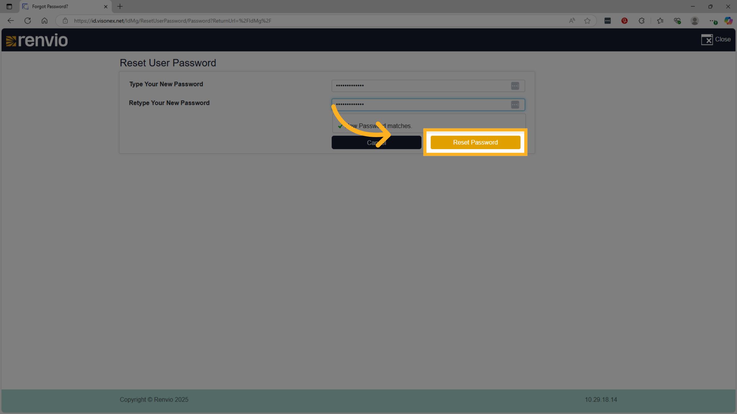 Click 'Reset Password'