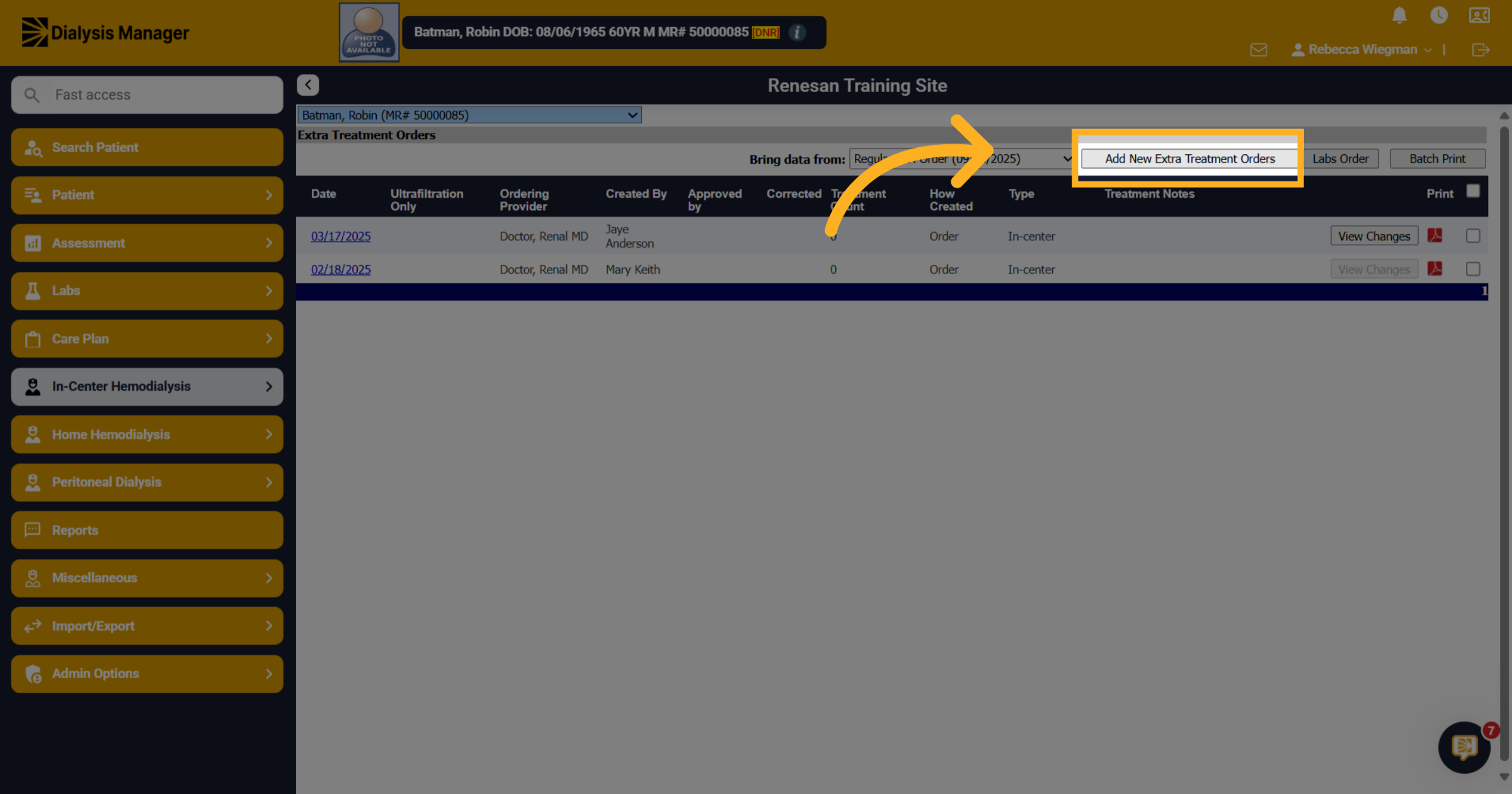 Click 'Add New Extra Treatment Orders'
