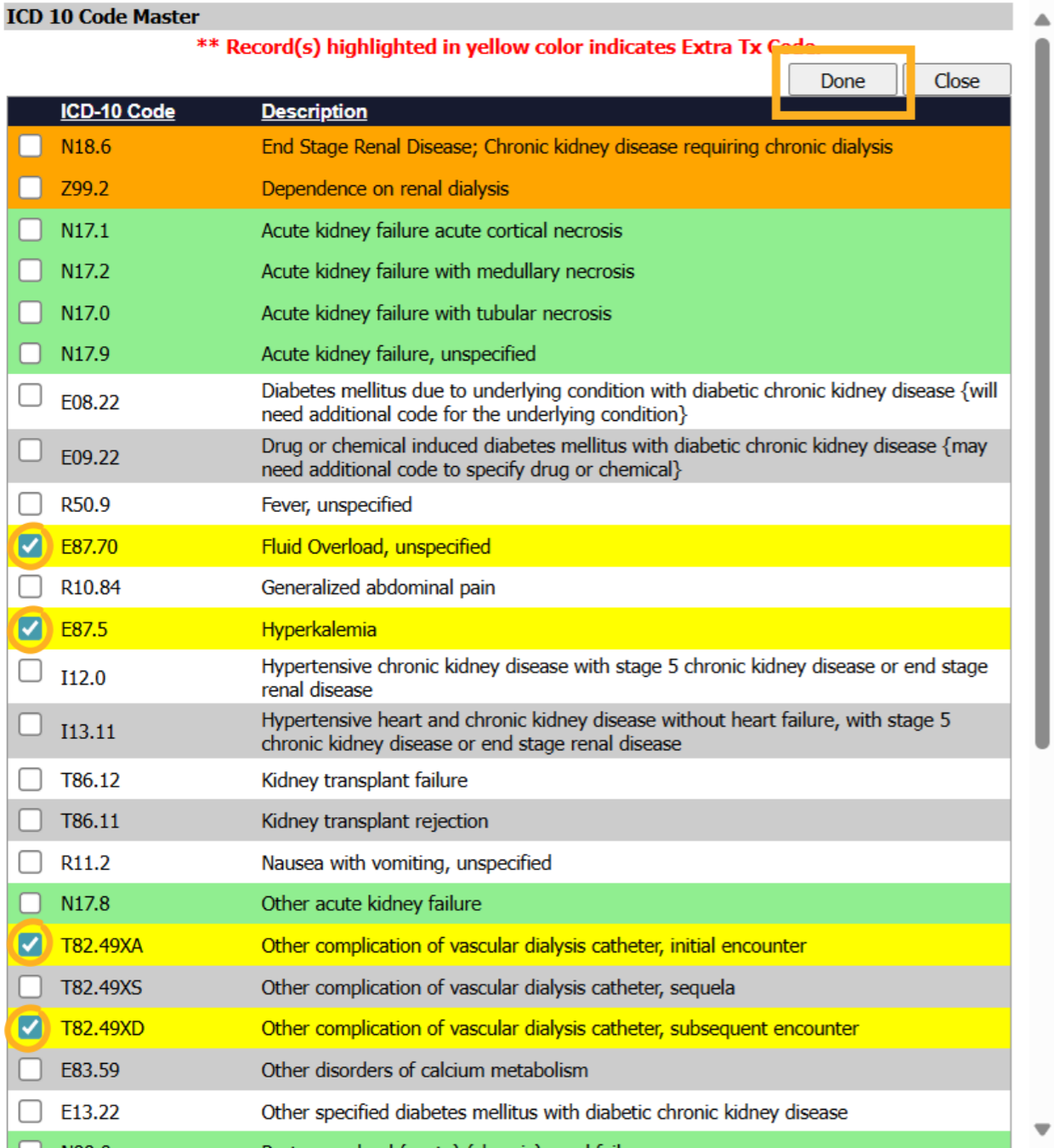 Select Extra Treatment ICD 10 codes
