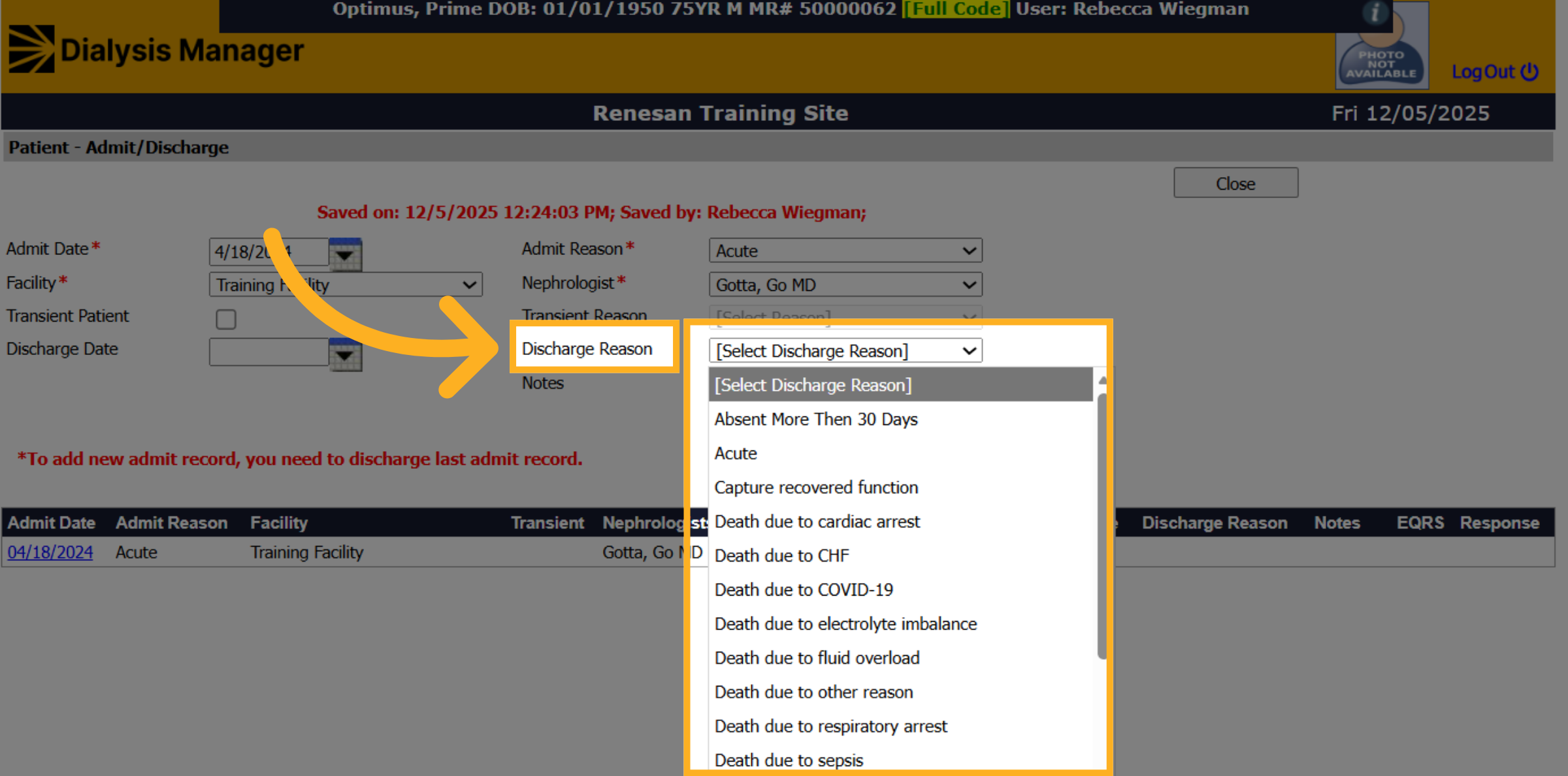 Discharge Reason Dropdown