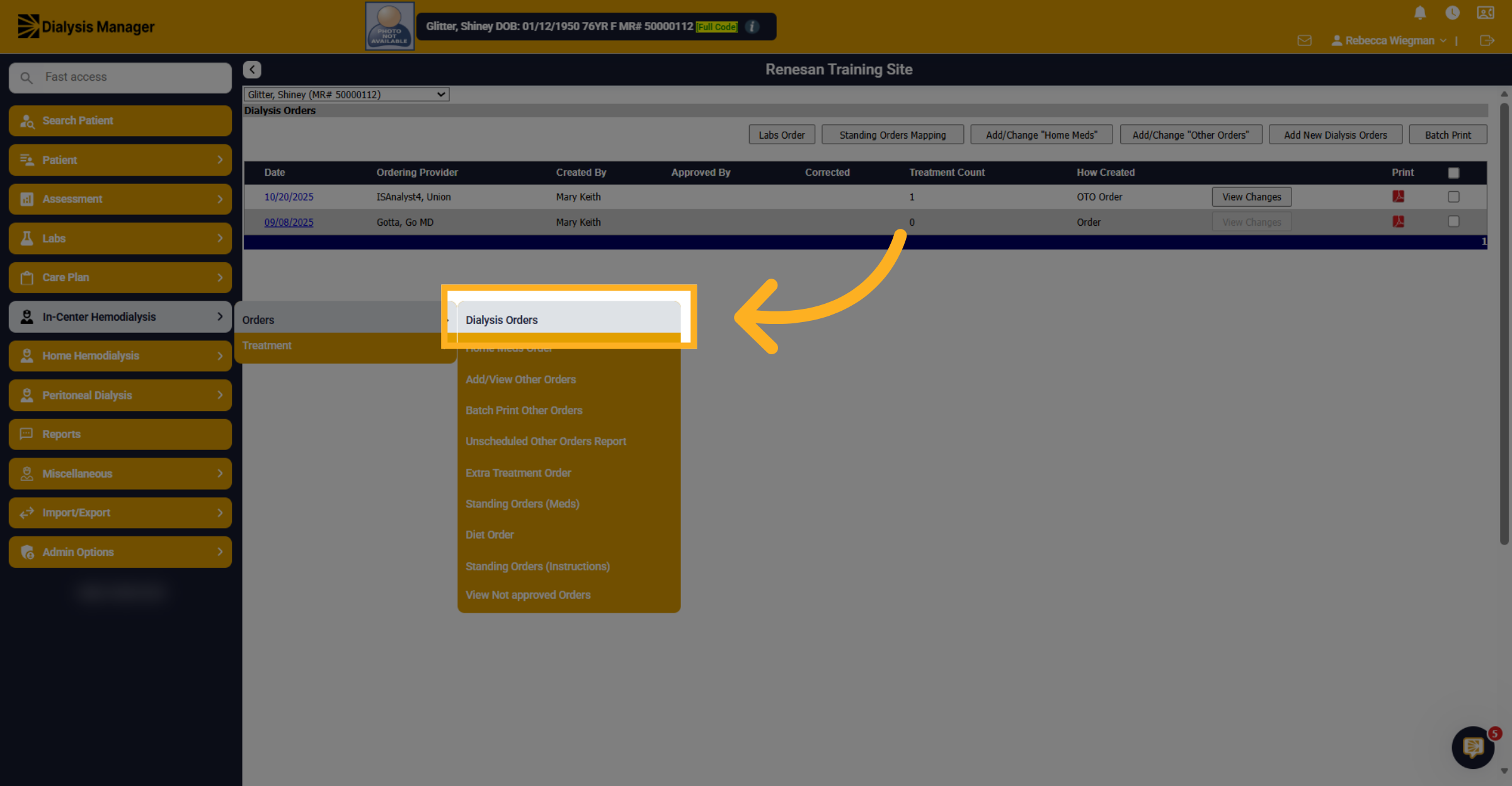 Access Dialysis Orders Section