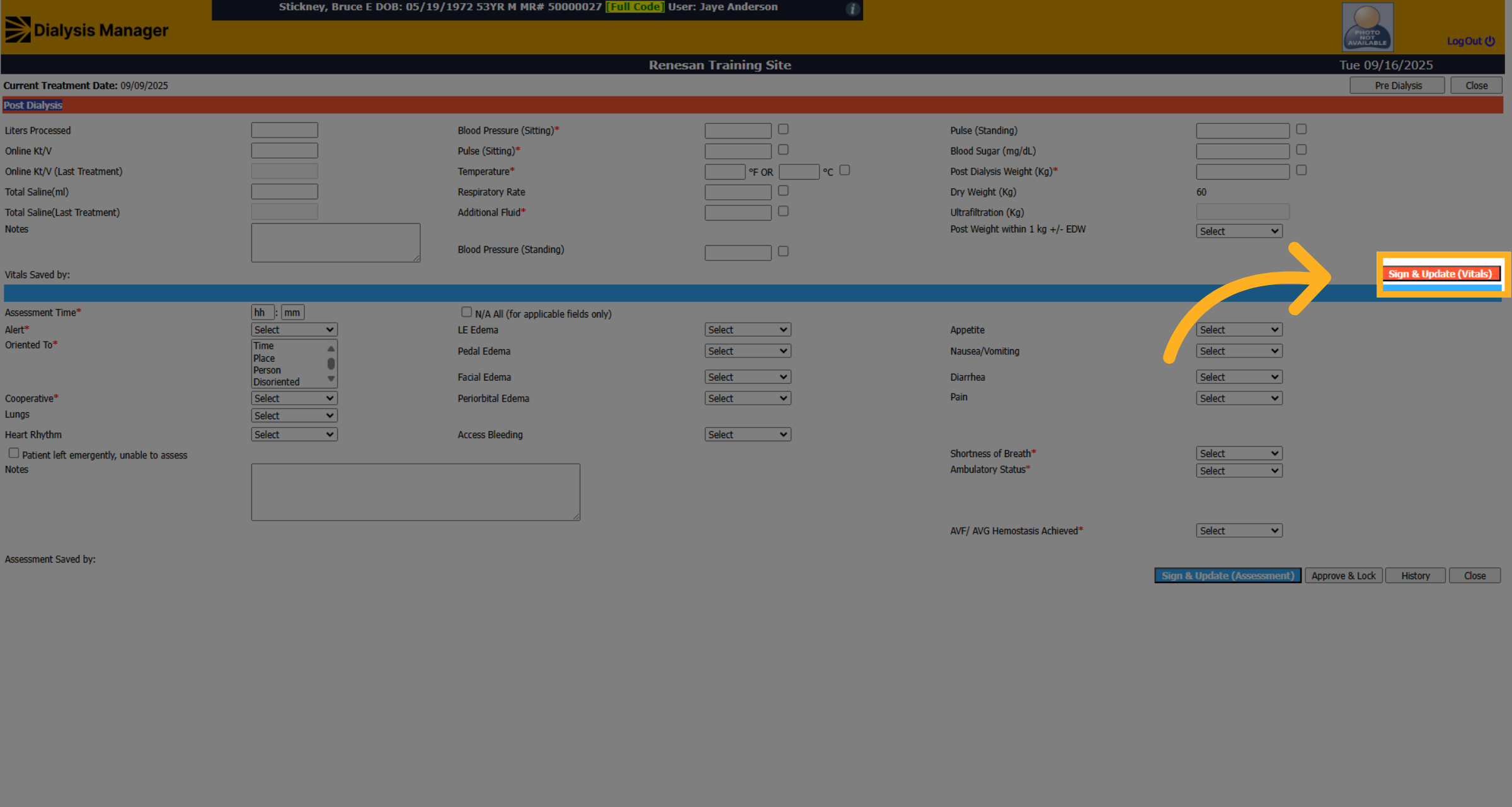Click 'Sign & Update (Vitals)'