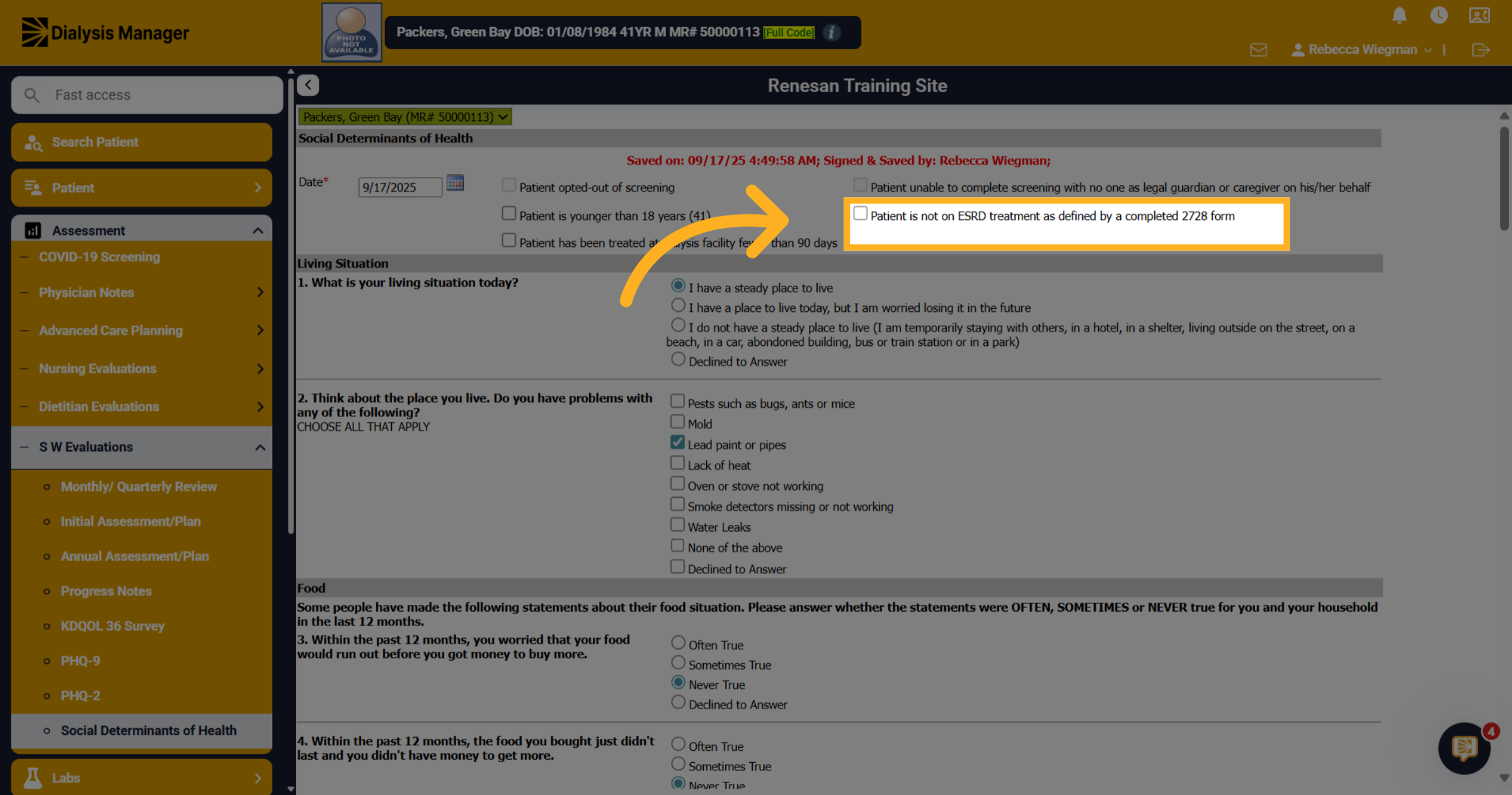 Click 'Patient is not on ESRD treatment as defined by a completed 2728 form'