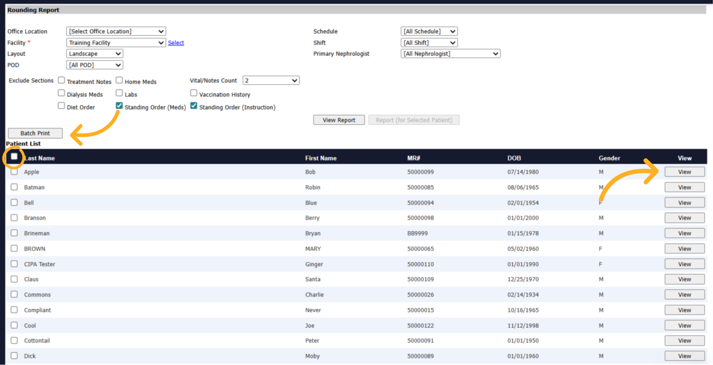 View Report, patient list