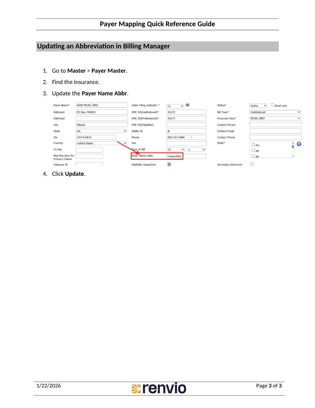 Update Abbreviation in Billing Manager